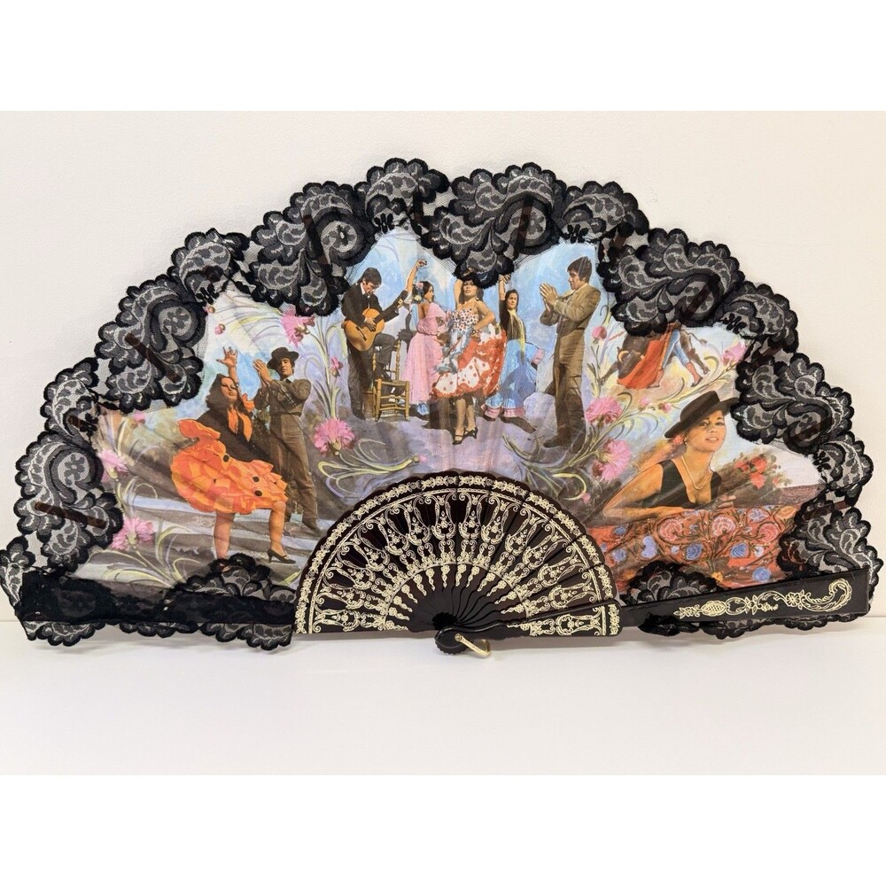 Black Lace Trim Folding Hand Fan, Printed Flamenco Dancers Scene, 24 in